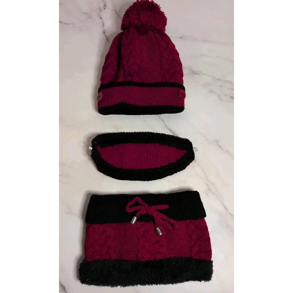 Kids Unisex Winter Knitted Beanie Cap, Warm Face Cover, & Neck Scarf One Size
